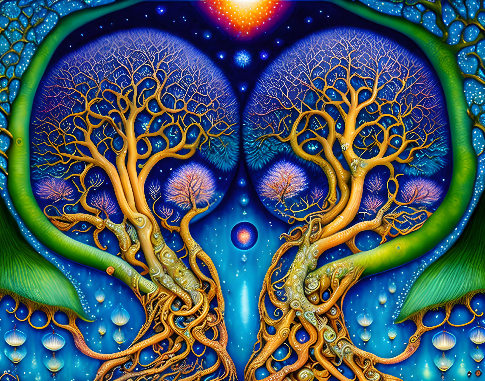 Psychedelic artwork: Intertwining trees with mirrored lung branches