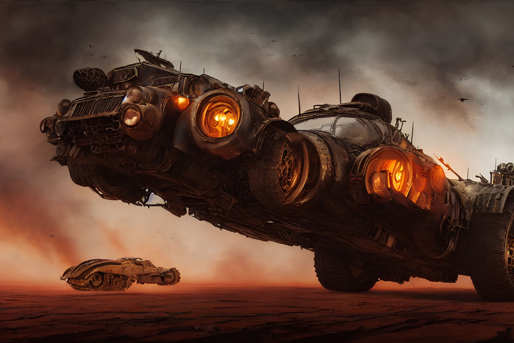 Armored vehicles flying in apocalyptic landscape with fiery sky