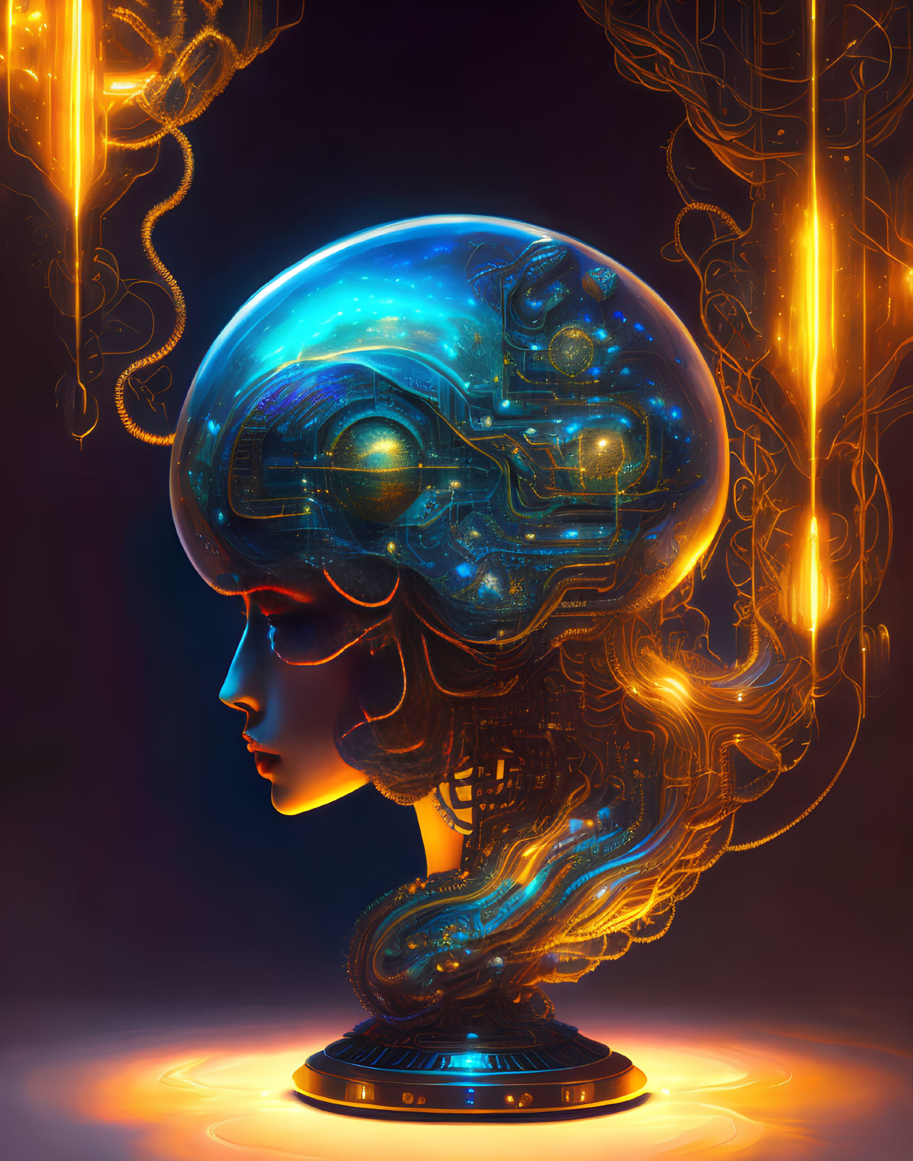 Futuristic digital artwork of cosmic-brain head on neon-lit pedestal
