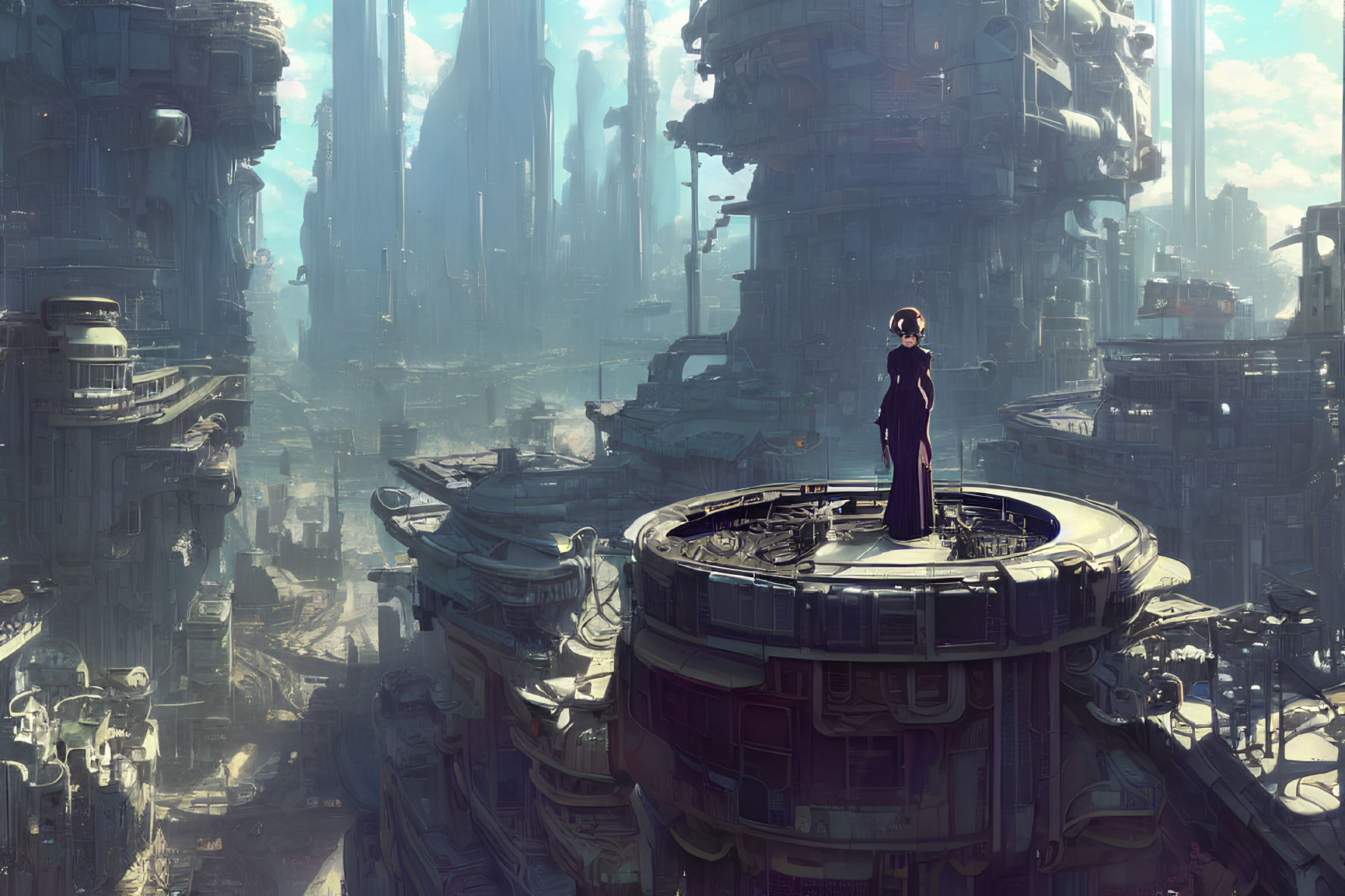 Futuristic cityscape with solitary figure on structure
