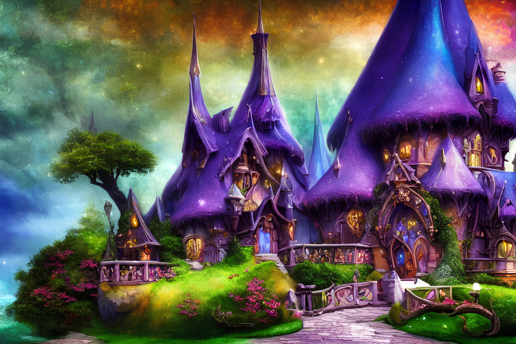 Vibrant Fantasy Landscape with Purple-Roofed Buildings