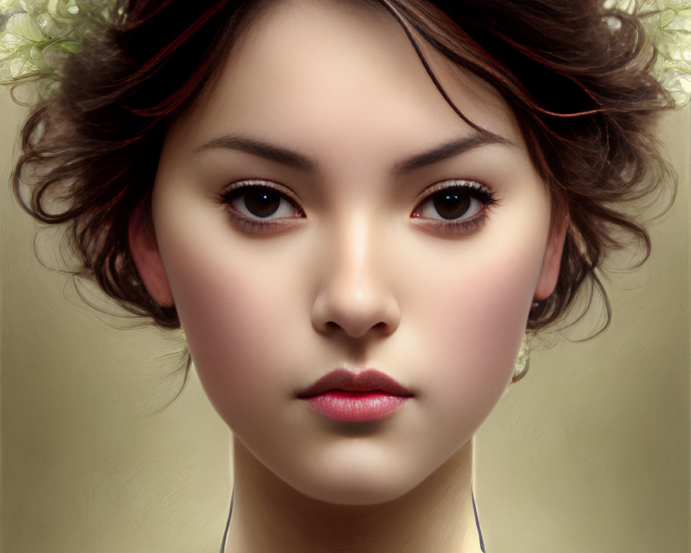 Digital artwork featuring female with robotic neck and white flower crown