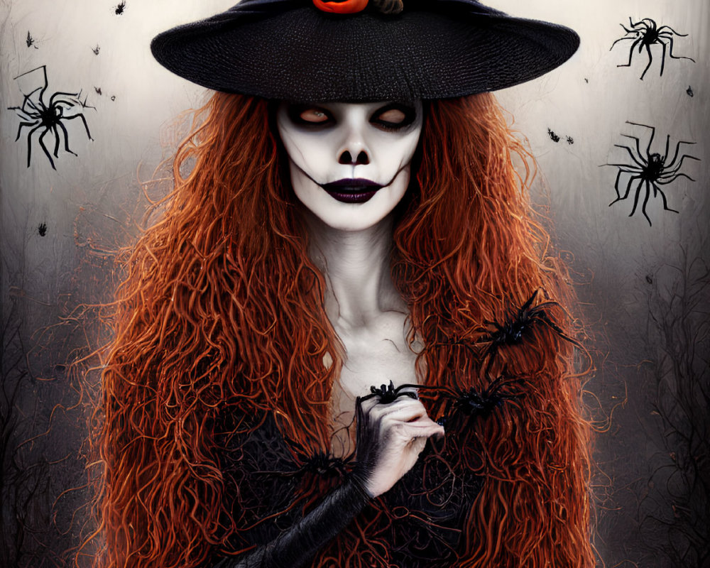 Person in witch costume with hat, white face makeup, red hair, bats, spiders, spooky background