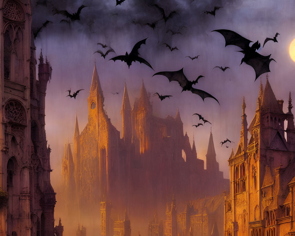 Gothic cathedral silhouettes with flying bats under moonlit sky
