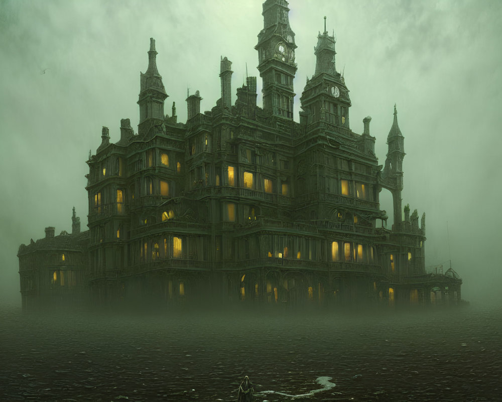 Spooky Victorian mansion in fog with dimly lit windows