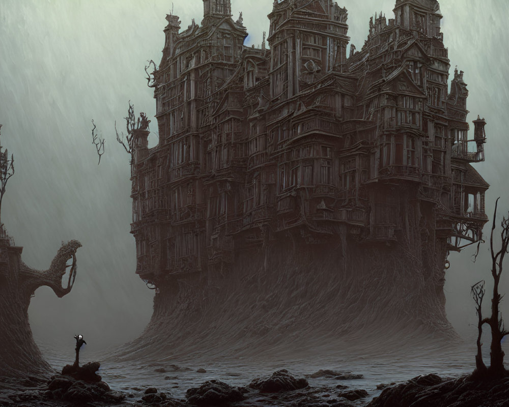 Dilapidated, intricate structure in desolate landscape with lone figure