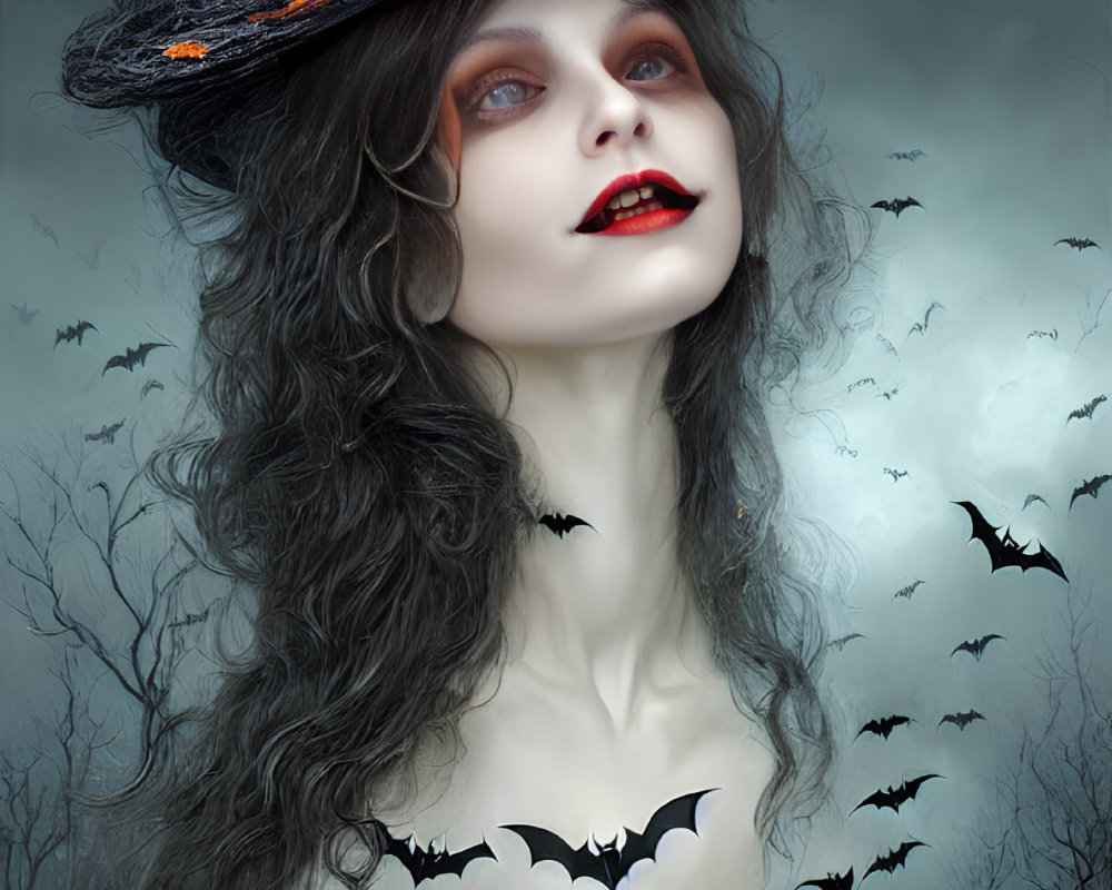 Woman in witch costume with bats and pumpkins in spooky setting