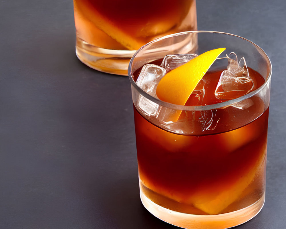 Iced cocktail glasses with lemon peel twist on dark background