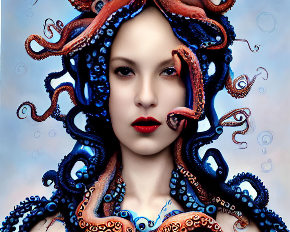 Surreal portrait of woman with octopus on head, tentacles around neck, blue backdrop