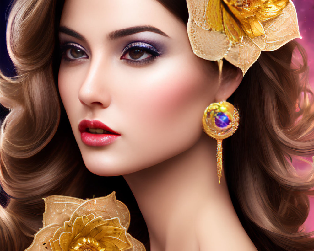 Digital portrait of a woman with brown hair and floral accessories on cosmic backdrop