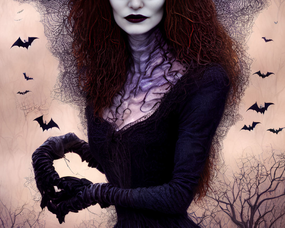 Pale-skinned witch with red eyes in dark attire under purple sky with bats - gothic Halloween scene