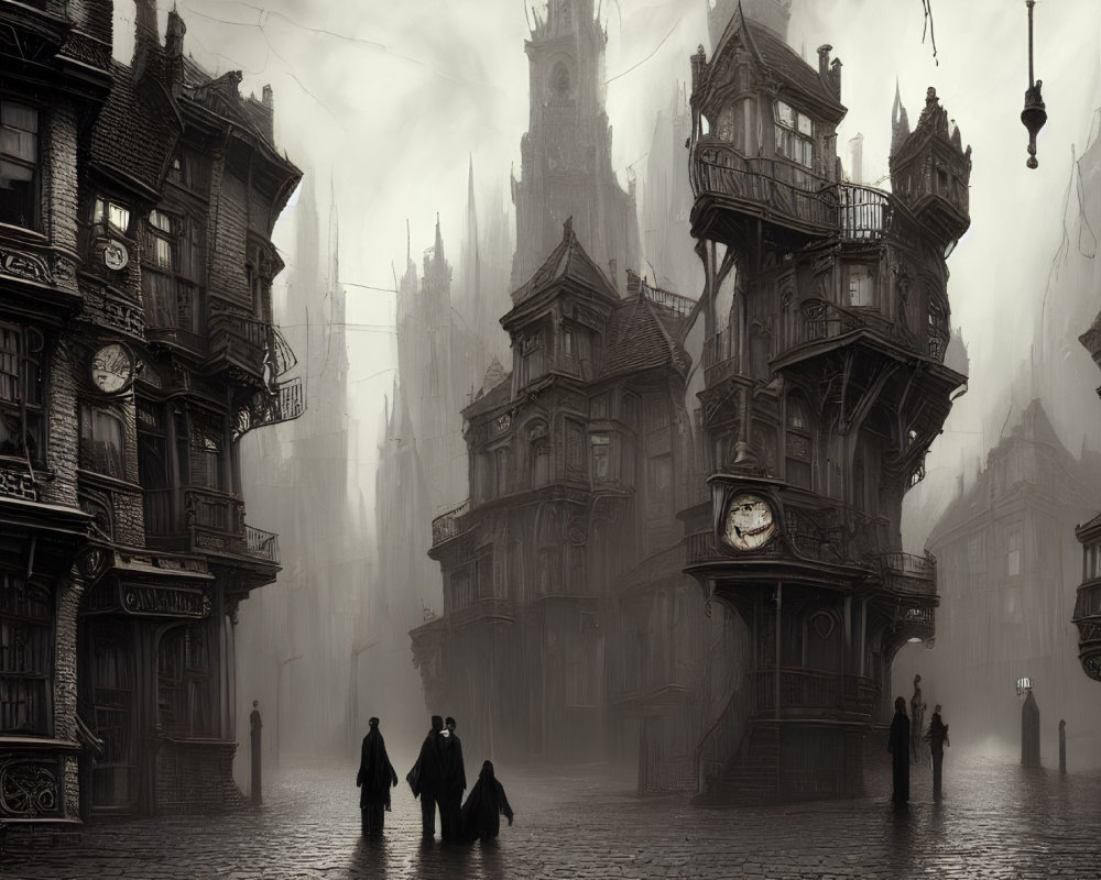 Gothic cityscape shrouded in fog with towering spires and clock