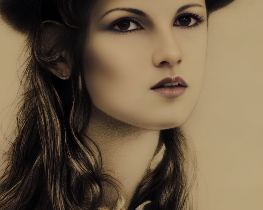 Portrait of woman with long wavy hair and hat in sepia-toned background, with soft lighting