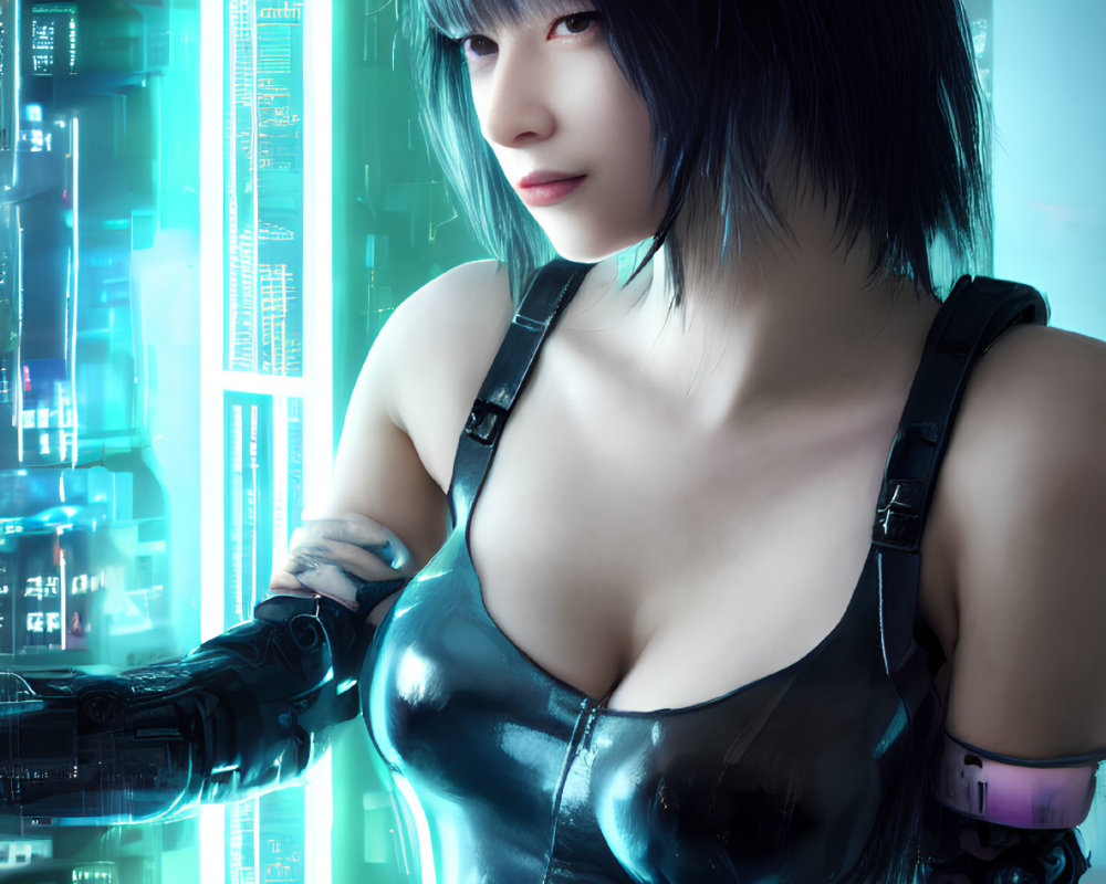 Futuristic woman with short hair in cybernetic gloves against digital columns