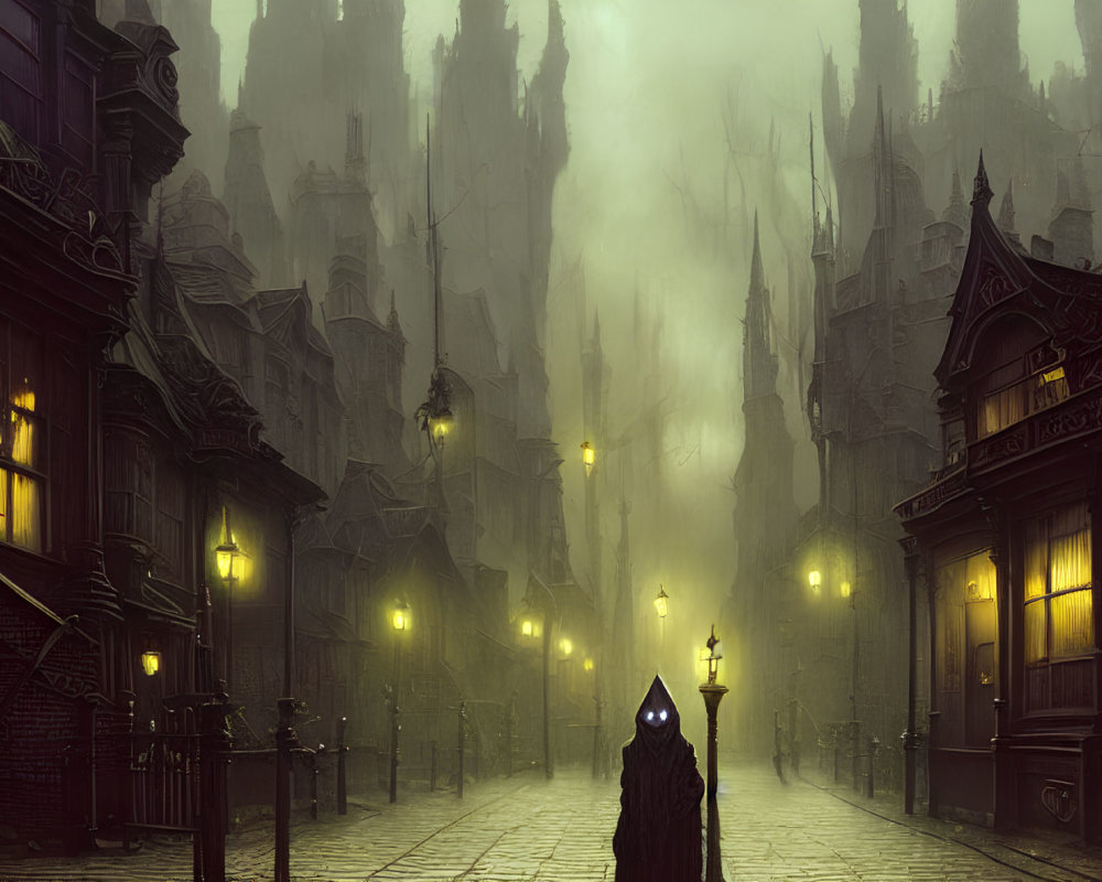 Mysterious cloaked figure on foggy, gothic street