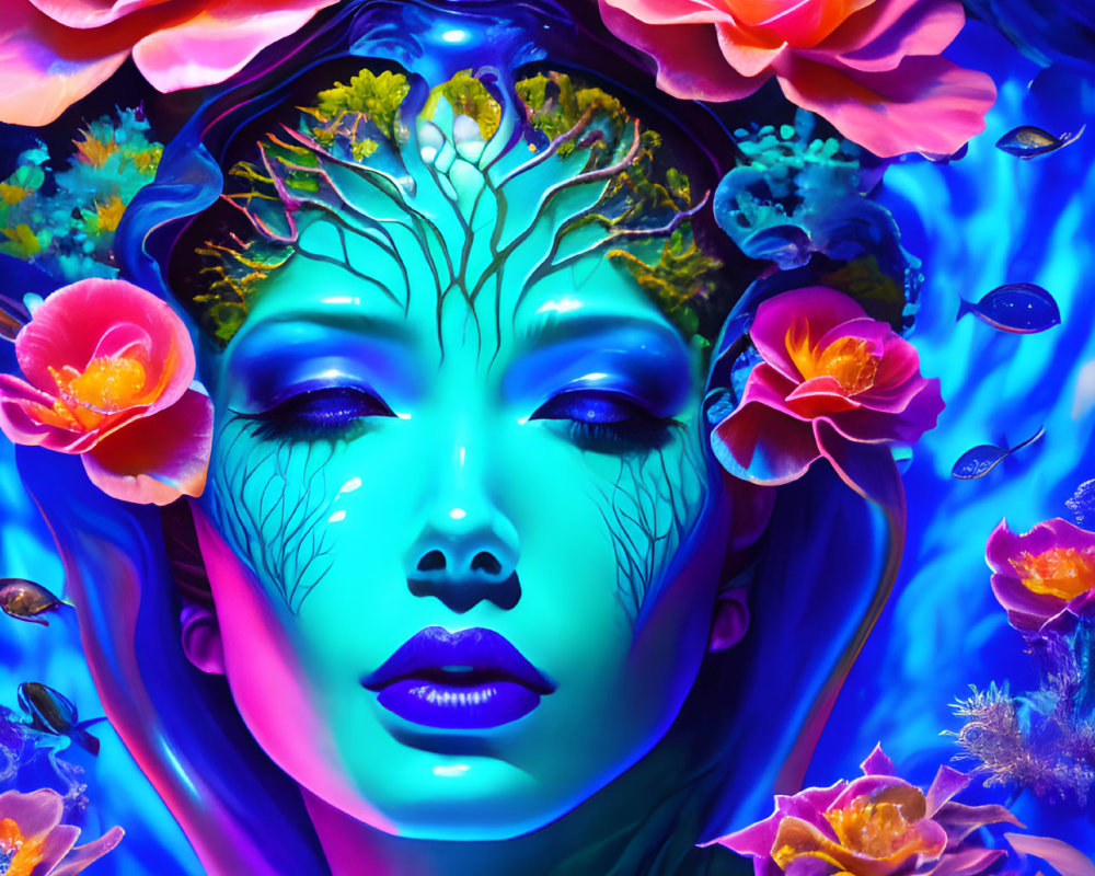 Colorful woman's face with tree branches, leaves, water, flowers, and fish.