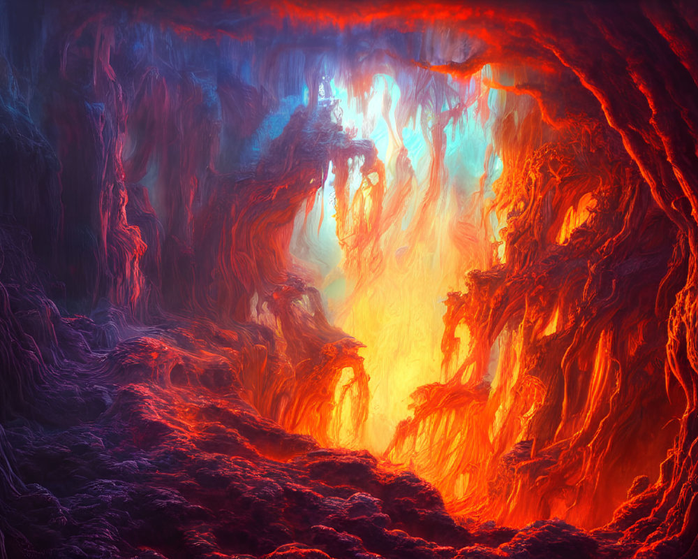 Surreal digital artwork: Flaming cavern with lava flow