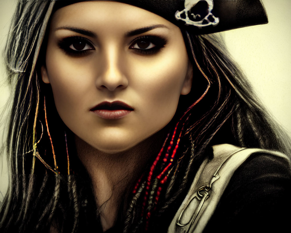 Woman in pirate costume with tricorn hat and braided hair.
