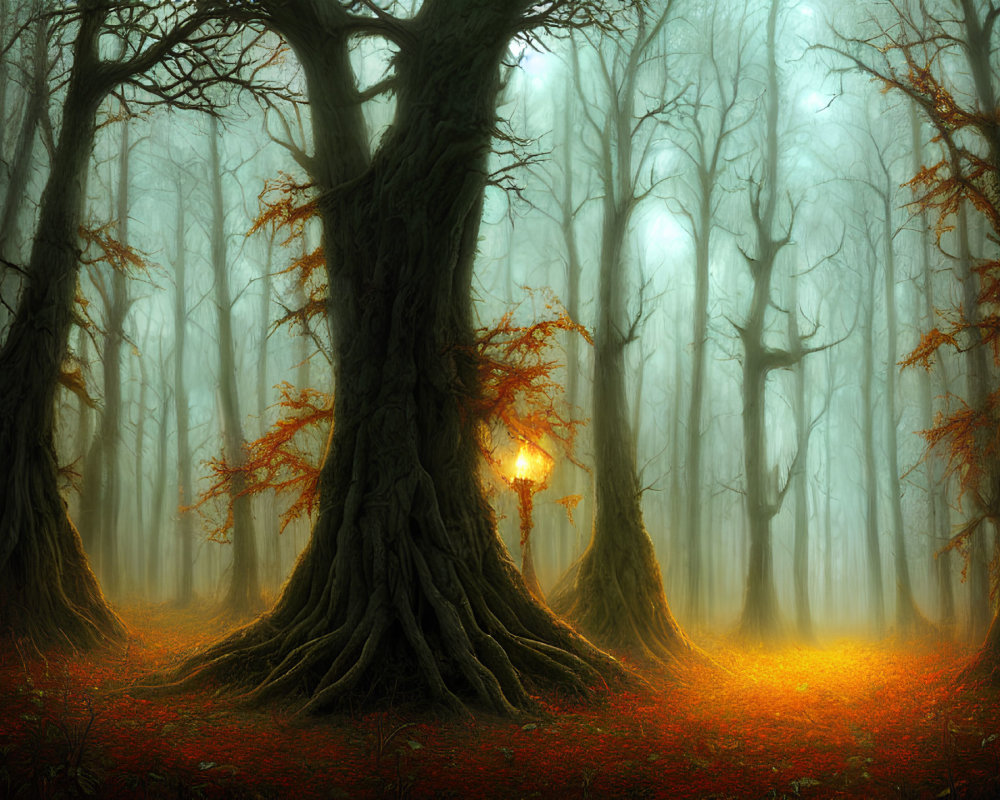 Ethereal forest with towering trees, misty ambiance, autumn leaves, glowing lantern