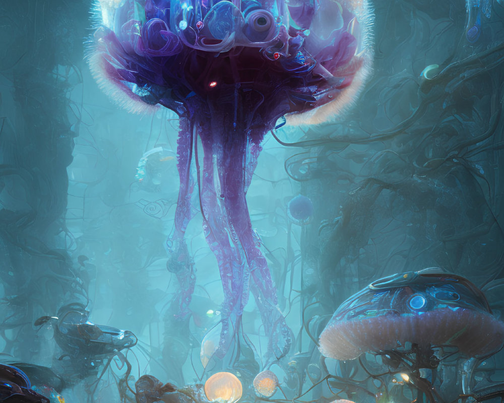 Bioluminescent jellyfish and underwater flora in mystical scene