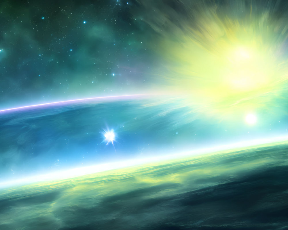 Cosmic scene with vibrant sunburst, stars, and nebulae horizon