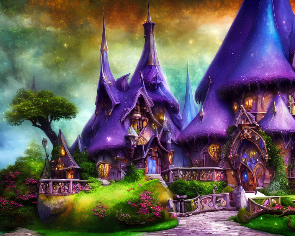 Vibrant Fantasy Landscape with Purple-Roofed Buildings