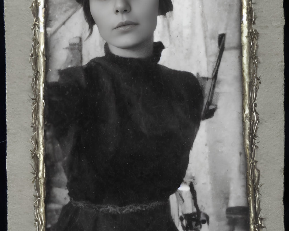 Vintage monochrome portrait of woman in dark turtleneck, framed with ornate gold border; second