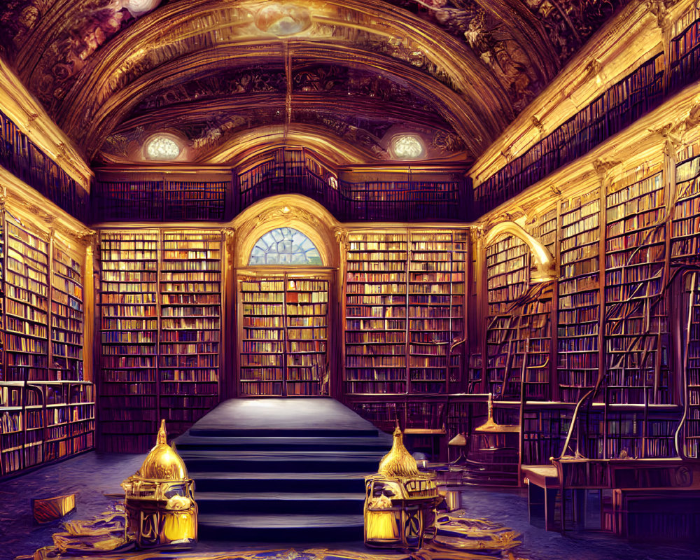 Grand library with tall bookshelves, arched windows, frescoed ceiling, and central platform