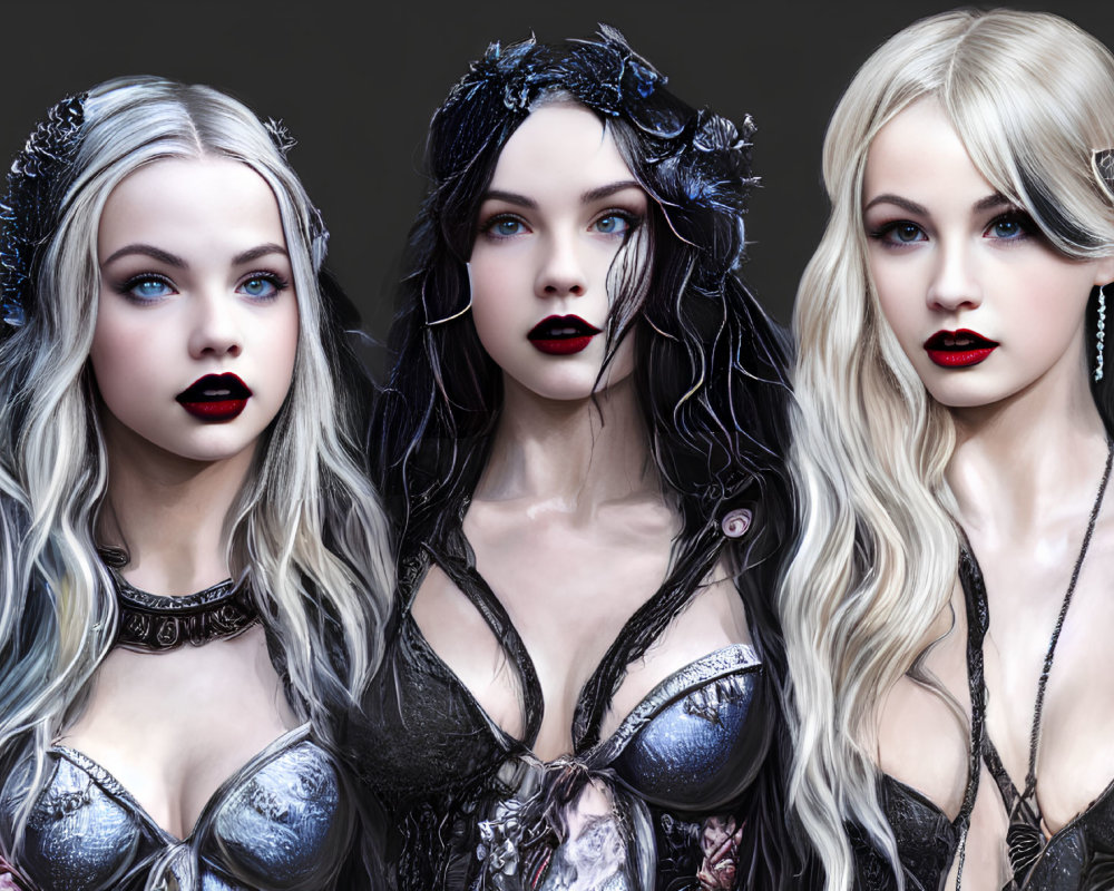 Stylized women with pale skin and gothic makeup on dark background