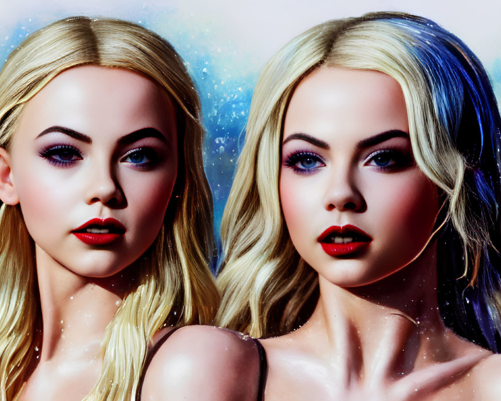 Digital Artwork: Two Female Figures with Blue Eyes and Different Hair Colors