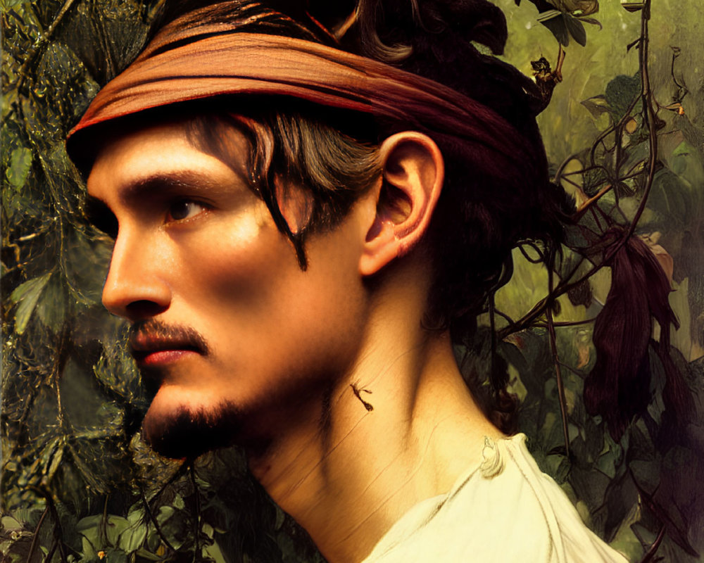 Man in headband with contemplative look in lush jungle setting