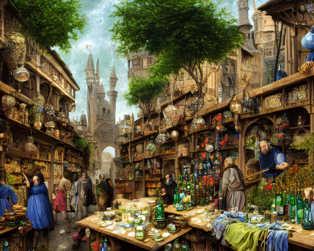 Medieval marketplace scene with vendors, shoppers, and cityscape.