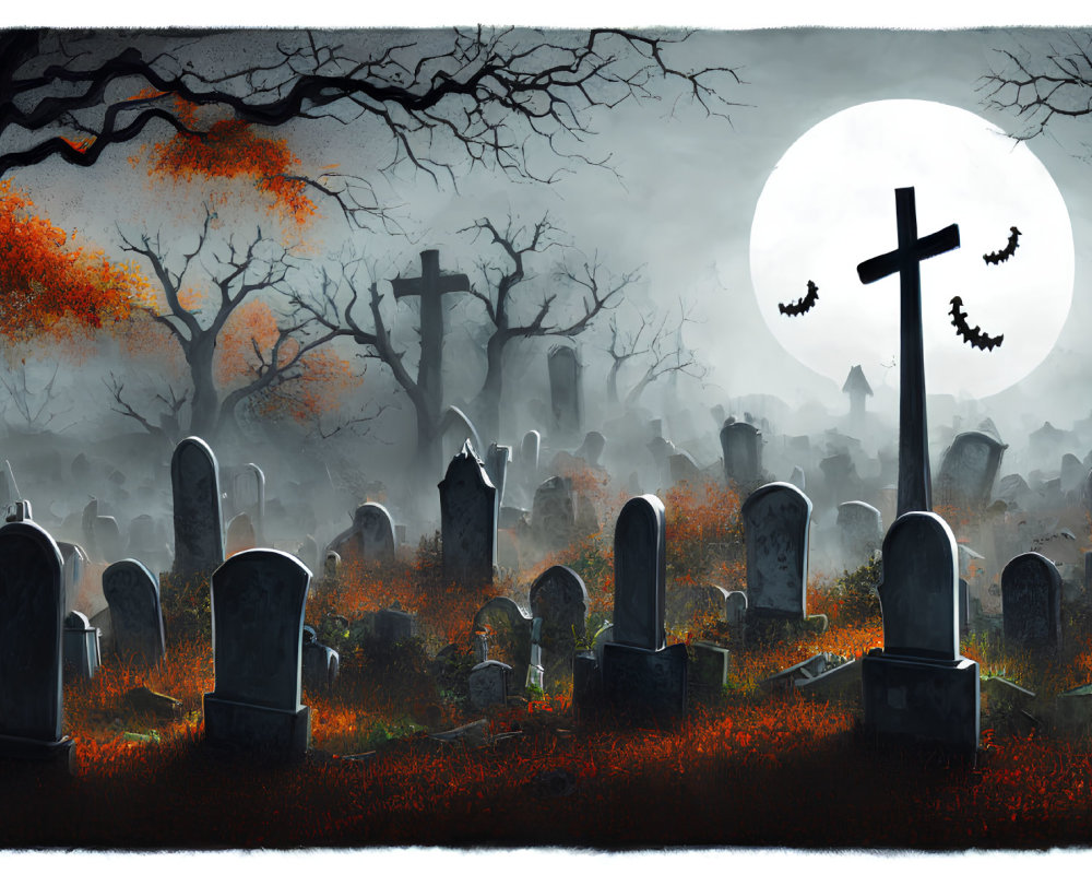 Moonlit graveyard with silhouetted crosses, headstones, and bats under night sky