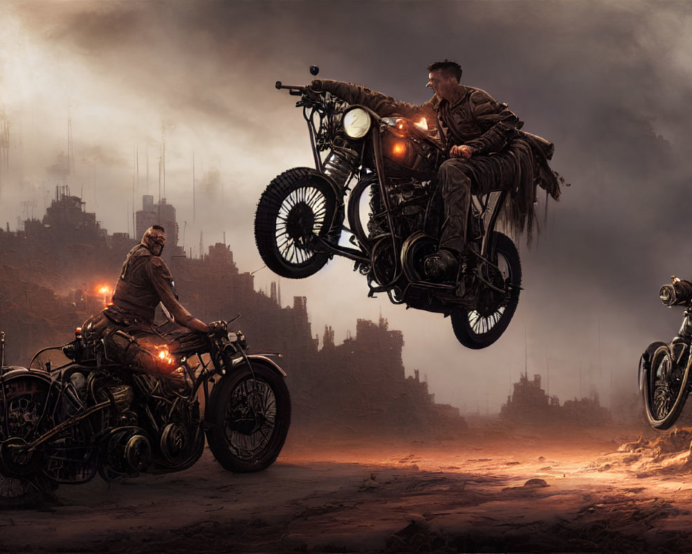Vintage motorcycles riders perform stunts in dystopian setting