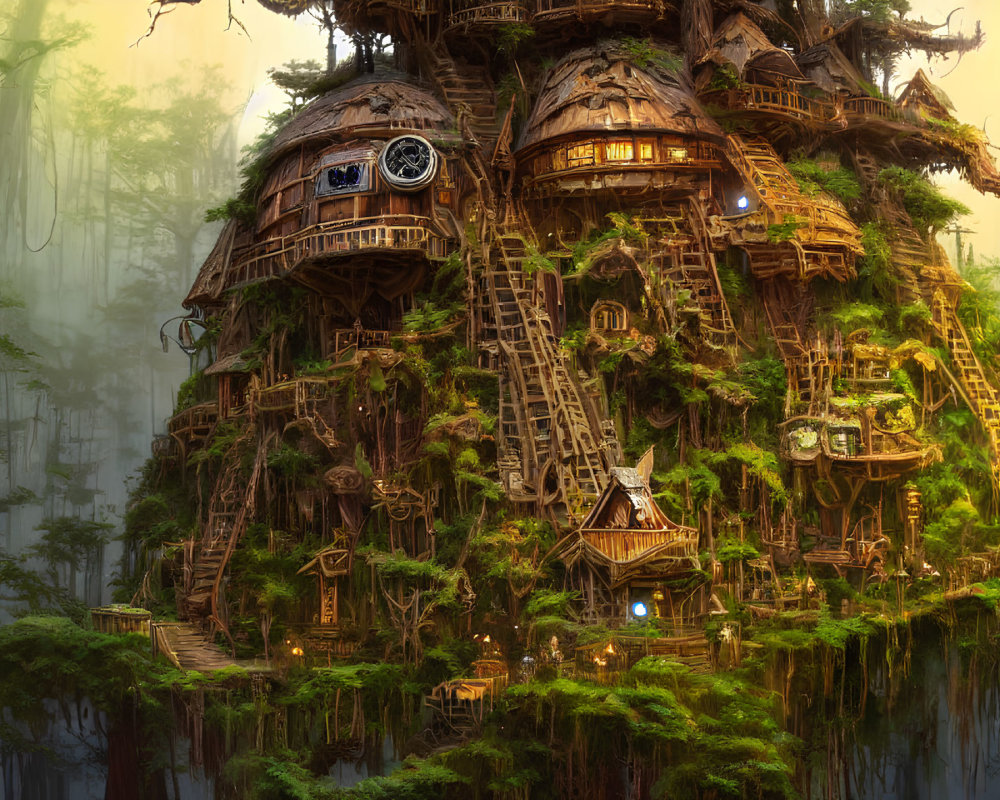 Whimsical treehouse in misty enchanted forest