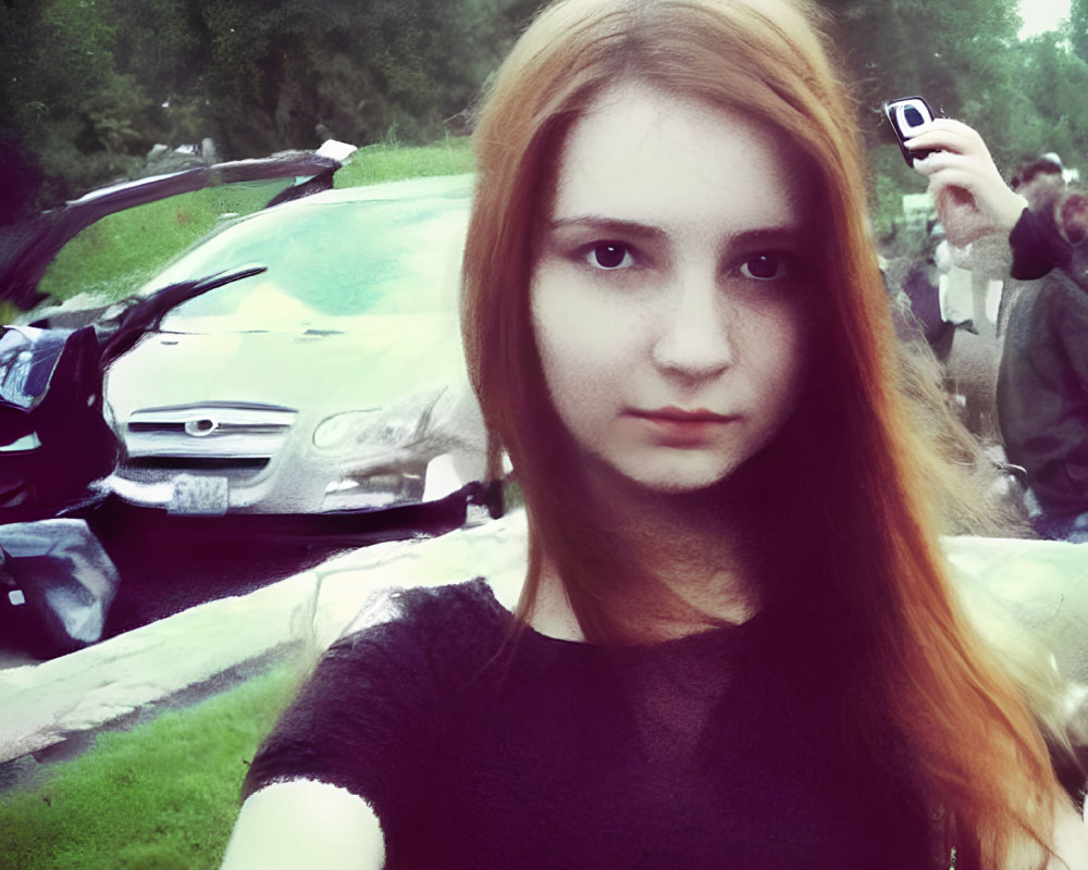 Young woman with long brown hair taking selfie near car accident.
