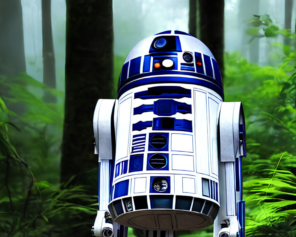 Realistic R2-D2 Model in Misty Green Forest Setting