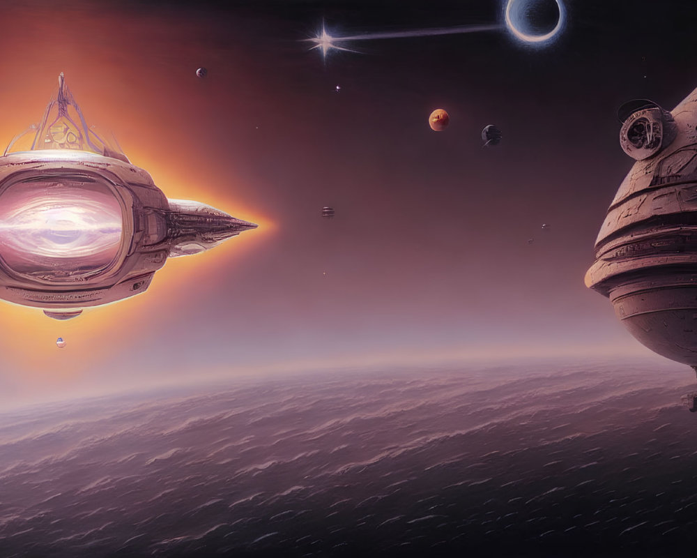 Futuristic spacecraft over gas giant with moons and star in orange interstellar scene