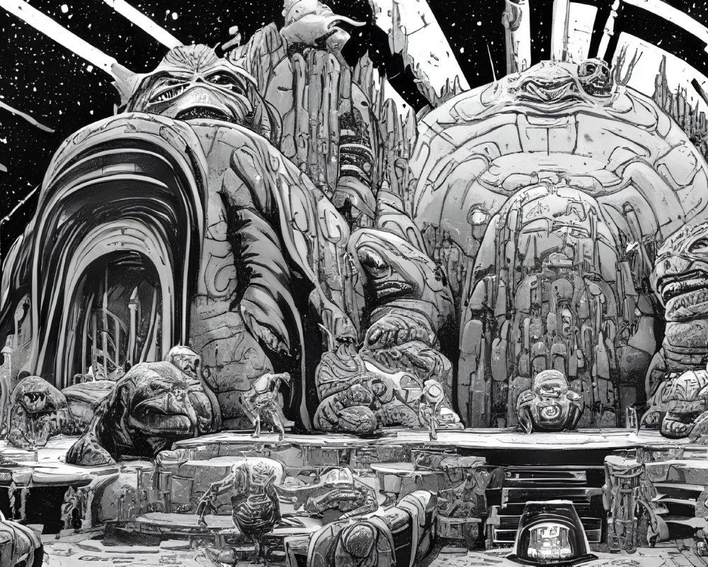 Monochrome sci-fi illustration: alien creatures in domed structure.