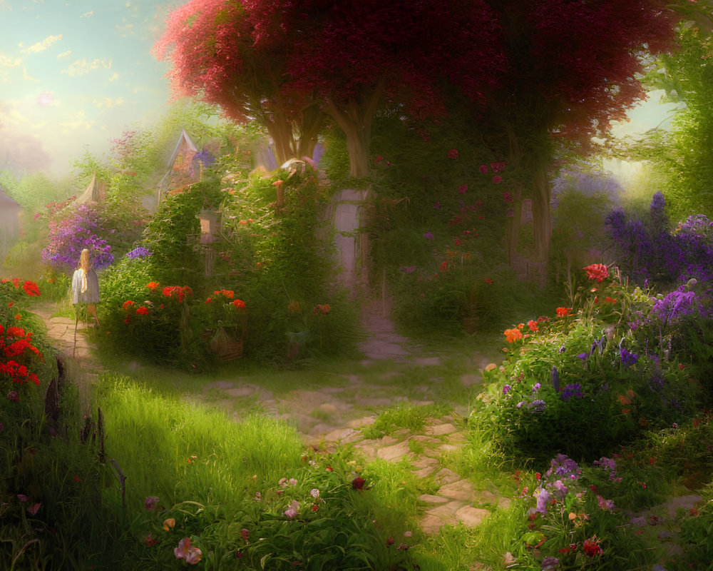Enchanted garden with cobblestone path, blooming flowers, lush greenery, and mysterious