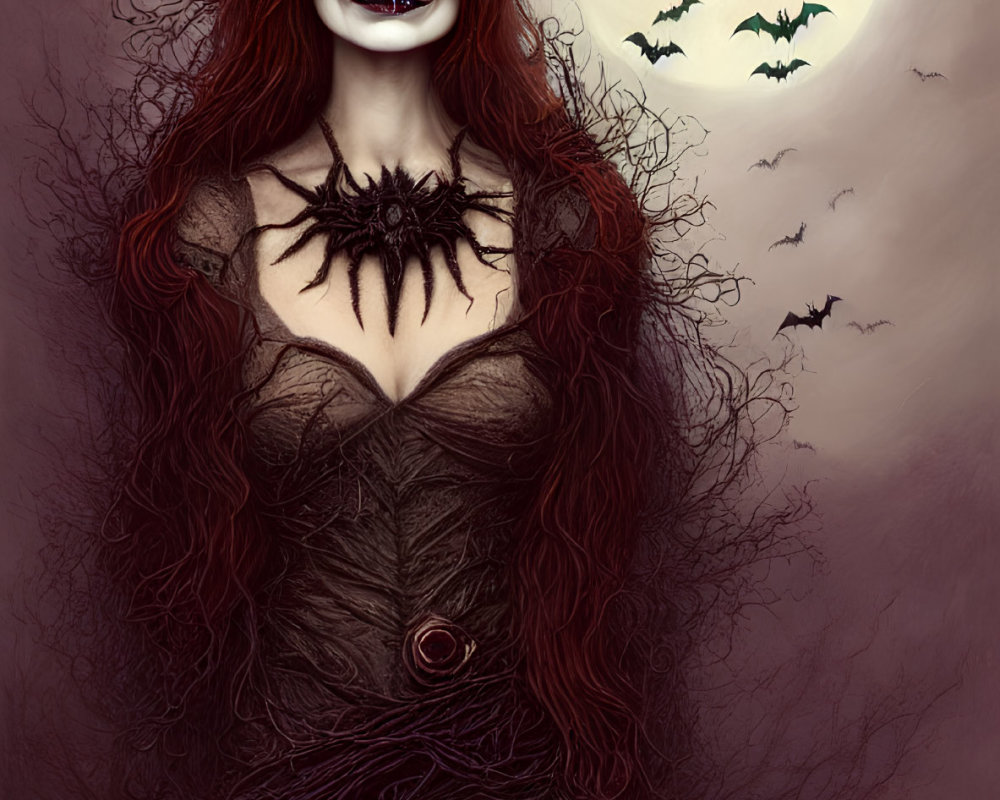 Gothic figure with skull makeup, witch hat, red hair, full moon, flying bats
