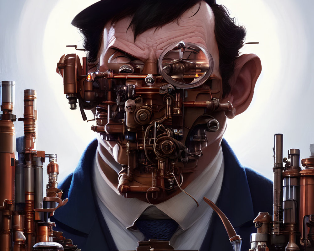 Steampunk-inspired man illustration with bronze machinery head