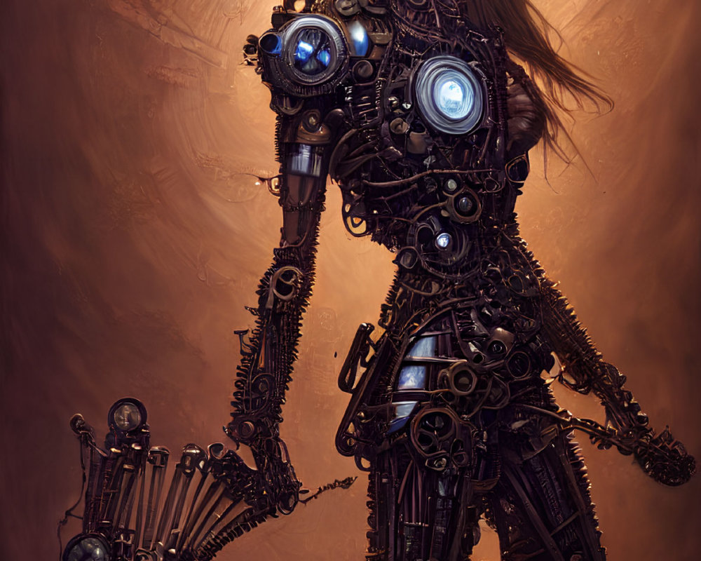 Futuristic robotic woman with intricate gears and metallic structure