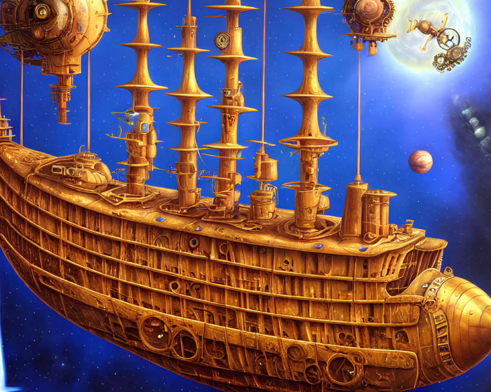 Golden galleon-shaped spaceship among whimsical spacecraft in space