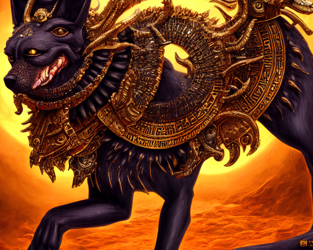 Black Mythical Dog in Gold Armor on Orange Background