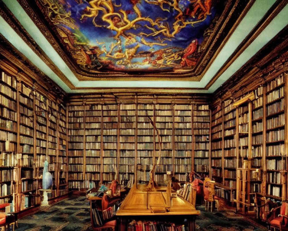 Grand library with floor-to-ceiling bookshelves, large wooden table, and vibrant ceiling fresco