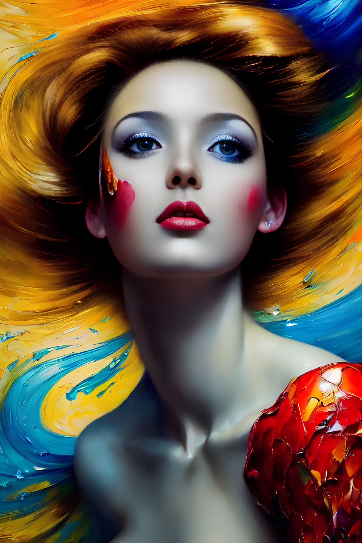 Colorful Woman with Swirling Hair and Vivid Makeup in Vibrant Surroundings