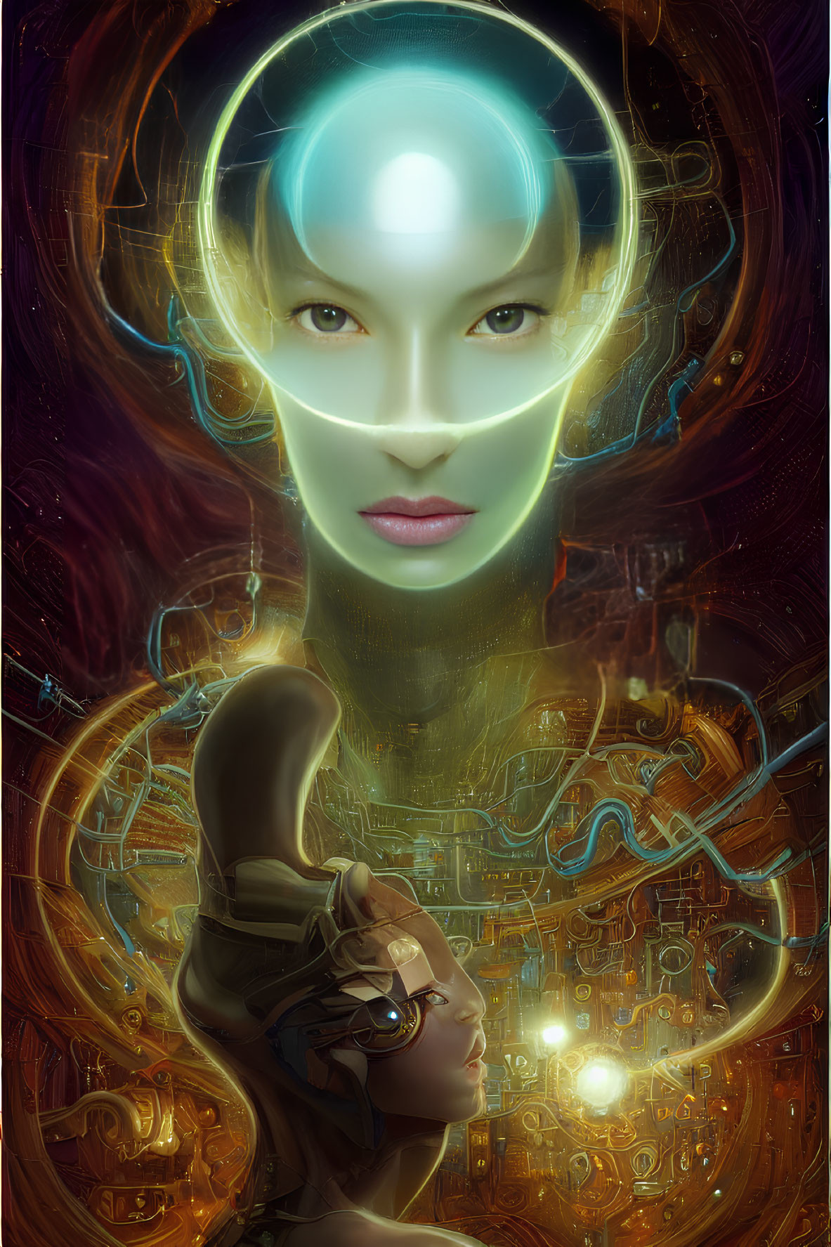 Digital artwork: Female figure with glowing, translucent face amidst futuristic golden circuits.