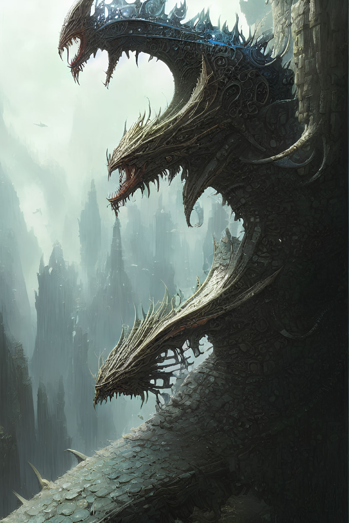 Majestic multi-headed dragon in gothic landscape