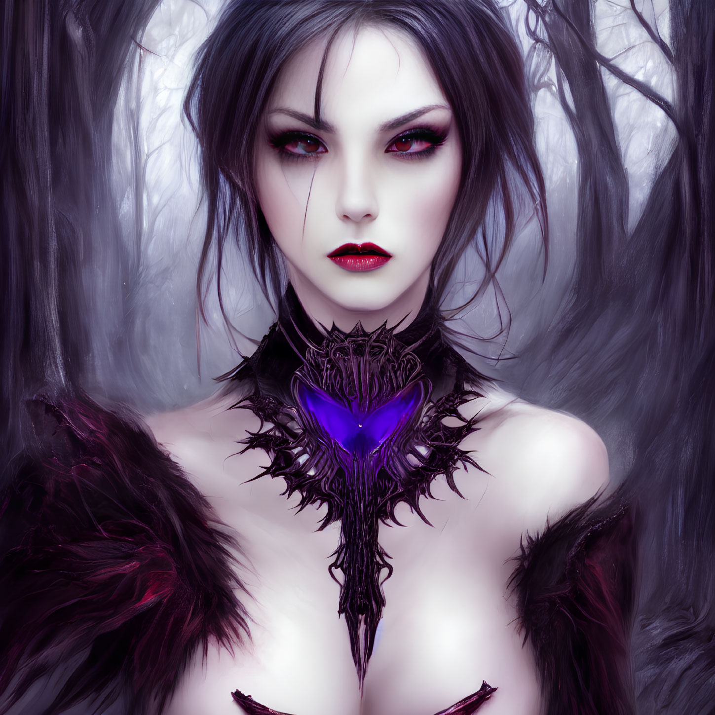 Illustration of pale-skinned female with dark makeup and red eyes in black feathered attire with glowing